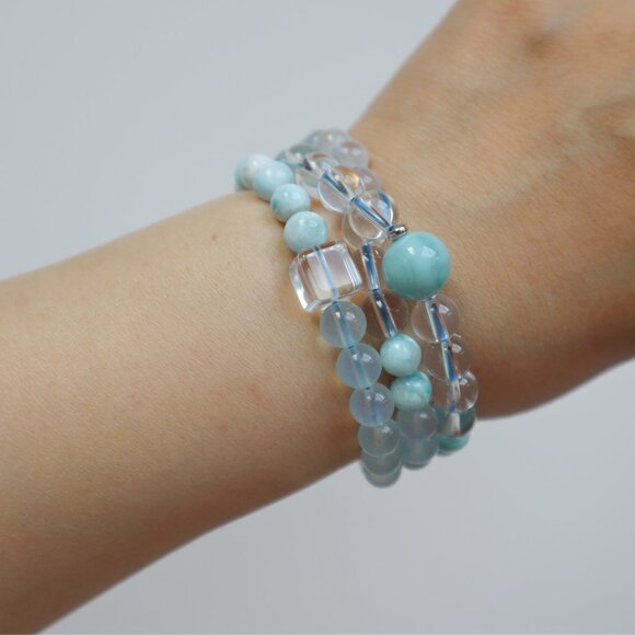 Handmade Larimar Aquamarine Turquoise Blue Moonstone Clear Quartz Bracelet - Picture 2 of 6